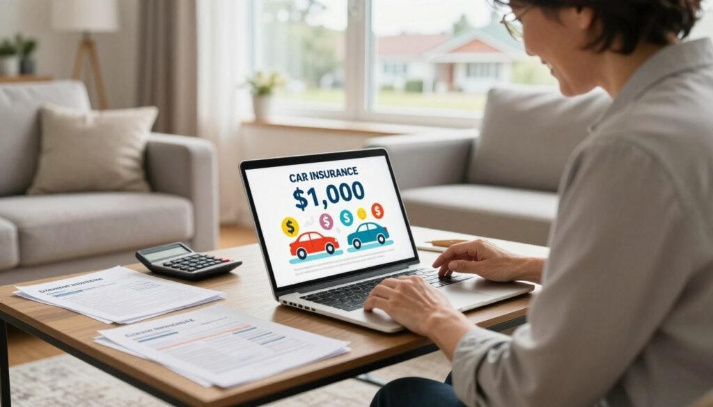 A bright, engaging scene featuring a middle-aged person in professional attire, reviewing car insurance quotes on a laptop in a cozy, well-lit living room. In the foreground, the individual is focused, with a smile, as they analyze a colorful infographic showing car insurance savings of over $1,000, with illustrations of cars and dollar signs integrated into the design. In the middle ground, a coffee table is cluttered with car insurance documents and a calculator, signifying a thoughtful comparison process. The background reveals a sunlit window with a view of a suburban neighborhood, adding warmth and positivity. Soft lighting creates an inviting atmosphere, emphasizing the joy of achieving significant savings through smart decisions.