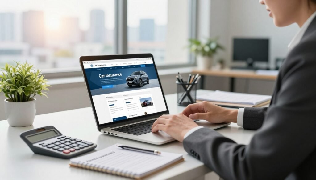 A bright, modern office setting featuring a professional-looking person in business attire, sitting at a sleek desk with a laptop open, displaying various car insurance websites side by side. In the foreground, a calculator and notepad filled with notes about potential savings on car insurance. The middle ground showcases a well-organized workspace with a potted plant and flattering natural light streaming in through a large window, creating a warm atmosphere. In the background, a city skyline is visible through the window, indicating a bustling metropolitan environment. The mood is focused and optimistic, suggesting the benefit of comparing car insurance rates online effectively. The lens effect should simulate a slightly blurred background, emphasizing the subject's concentration and engagement with the task at hand.