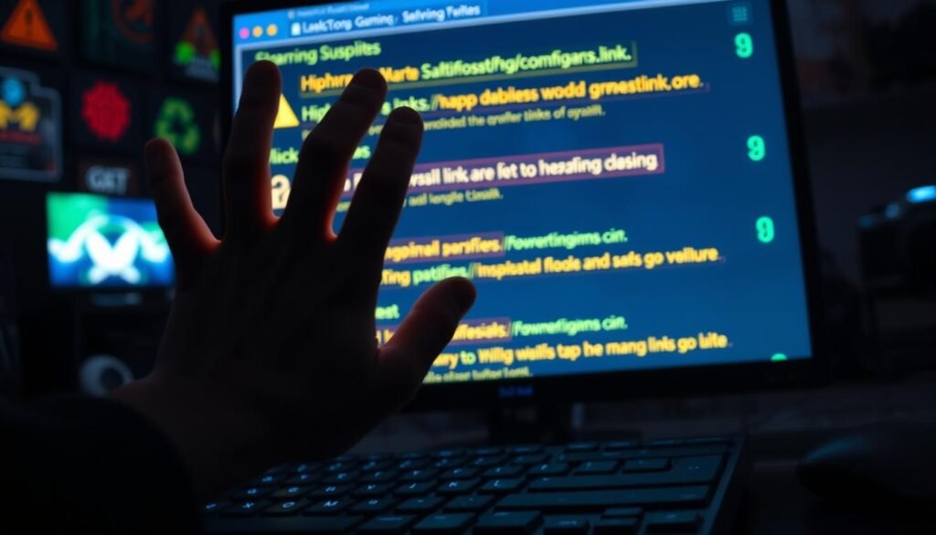 A close-up of a computer screen displaying a series of suspicious links, with a blurred background of a dimly lit room filled with gaming paraphernalia. The links appear in bright, contrasting colors, with exaggerated visual cues like warning icons and question marks to signify their dubious nature. In the foreground, a pair of hands hover over the keyboard, symbolizing uncertainty and caution. The lighting is moody, with a soft glow from the screen illuminating the hands, creating a sense of tension and urgency. The angle is slightly tilted, adding to the feeling of unease, as the viewer is drawn into the potentially dangerous world of online gaming scams.