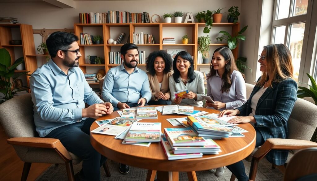 A cozy, modern office environment where a diverse group of five professionals—two men and three women—are engaged in a discussion about life insurance options. In the foreground, a round wooden table is cluttered with colorful brochures featuring images of families and homes, signaling affordability. The middle layer showcases bright natural light streaming through large windows, creating a warm and inviting atmosphere. The background features shelves filled with books and plants, enhancing the professional setting. The individuals are dressed in smart casual attire, exuding professionalism while appearing approachable. The camera angle is slightly elevated, providing an overview of the group's engagement and collaboration. The overall mood is optimistic and informative, reflecting a commitment to helping people find affordable life insurance solutions in 2025.