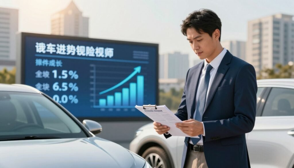 A dynamic scene illustrating the theme of lower car insurance premiums. In the foreground, a confident professional in smart business attire stands next to a sleek, modern car, examining a clipboard with insurance quotes. The middle ground features a digital display board showcasing affordable insurance rates and savings graphs, symbolizing negotiation success. In the background, a sunny cityscape with tall buildings conveys a sense of opportunity and growth. Soft, warm lighting creates an optimistic atmosphere, emphasizing positive financial outcomes. The perspective is slightly angled to give depth, with a focus on the figures and displays, leaving the viewer feeling inspired and motivated to negotiate for better deals.