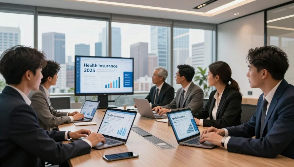 A modern, elegant office meeting room with a large table in the foreground, showcasing a diverse group of professionals in business attire discussing health insurance options for 2025. In the middle, display various digital devices like tablets and laptops with graphs and charts illustrating health insurance statistics and trends. The background features floor-to-ceiling windows letting in natural light, providing a panoramic view of a vibrant city skyline. Soft, warm lighting creates a welcoming atmosphere, suggesting collaboration and innovation. The mood is focused and professional, reflecting an important discussion about top-rated health insurance providers.