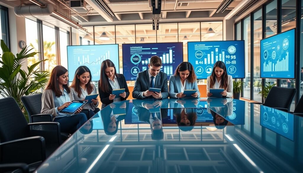 A modern office environment showcasing digital-first life insurance companies. In the foreground, a diverse group of young professionals, dressed in business attire, are collaborating around a sleek, high-tech conference table, viewing life insurance plans on tablet devices. The middle layer features large digital screens displaying innovative graphs and icons related to insurance and technology. The background shows bright, contemporary office decor with greenery and glass walls, illuminated by natural light streaming through large windows. A warm, inviting atmosphere emphasizes teamwork and digital innovation. The scene captures the essence of a forward-thinking, customer-centric insurance approach in 2025, blending technology with professionalism.