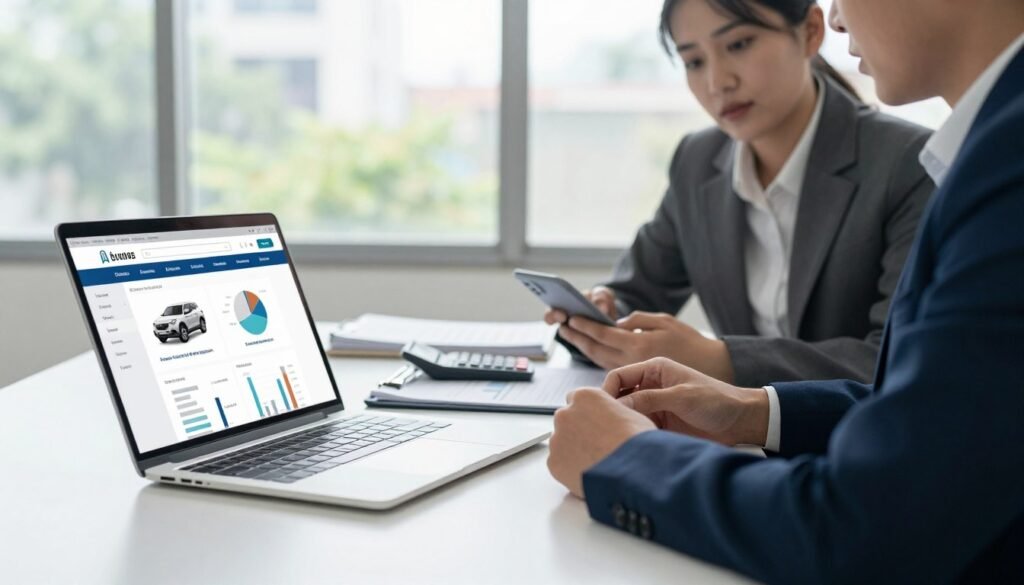 A modern office setting with two professionals sitting at a sleek desk, engaged in a discussion about auto insurance quotes. In the foreground, a laptop displays various auto insurance comparison websites, with charts and graphs visible on the screen. The middle ground features a stack of paperwork and a calculator, symbolizing financial planning. In the background, large windows let in plenty of natural light, creating a warm, inviting atmosphere. The professionals are dressed in smart business attire, portraying a serious yet approachable mood. Soft focus on the background highlights the professionals and the laptop, drawing attention to their conversation, emphasizing efficiency and budget-saving strategies. Bright, clear lighting enhances the clarity of the scene.