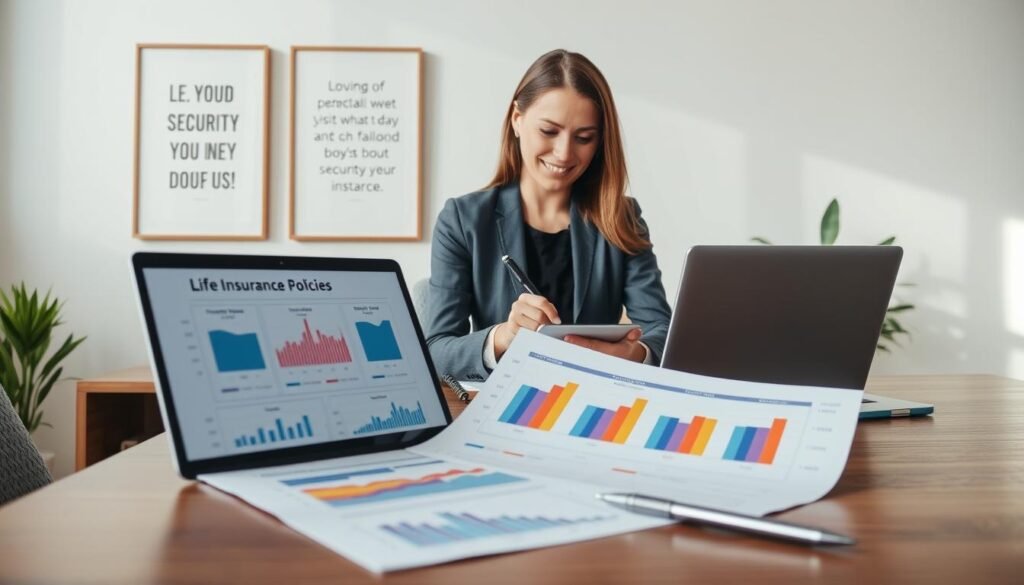 A polished office workspace featuring a comparison chart of life insurance policies on a sleek wooden table. In the foreground, a laptop displays colorful graphs and figures comparing coverage options, accompanied by a stylish notepad and a pen. In the middle ground, a professional businesswoman in smart attire analyzes the data, engaged and focused, with a warm smile reflecting confidence. Behind her, framed motivational quotes about financial security hang on a light-colored wall, and a small potted plant adds a touch of greenery. Soft, natural light streams in through a large window, creating a welcoming and professional atmosphere. The camera angle captures the scene from slightly above, emphasizing the comparison chart and the engaged individual without distractions.