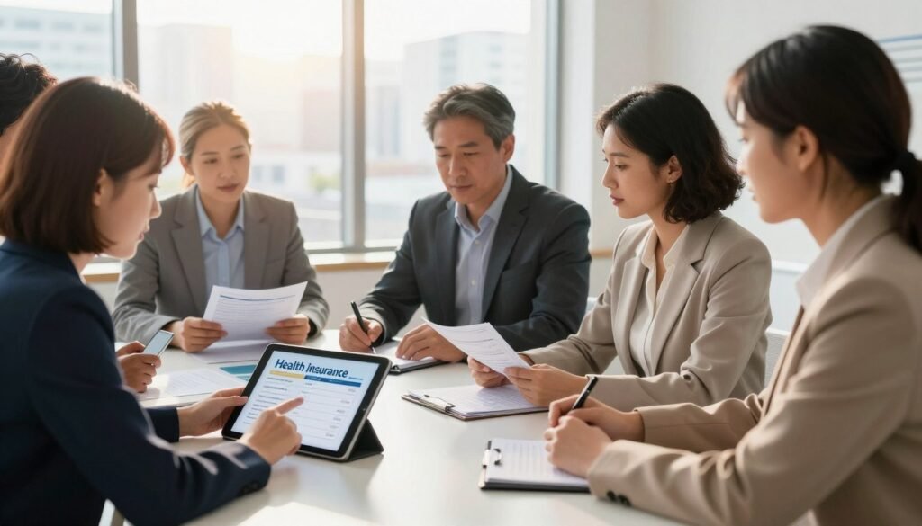 A professional, diverse group of individuals sitting around a modern conference table, deeply engaged in a discussion about health insurance options. In the foreground, a young woman with short hair, wearing a smart blazer, is pointing at a digital tablet displaying health insurance plans. In the middle, a middle-aged man in a crisp suit takes notes, while a woman in business casual attire consults a stack of brochures. In the background, a large window reveals a bright, sunny day and a city skyline, creating a sense of optimism. The lighting is warm and inviting, with soft shadows enhancing the professional atmosphere. The focus is sharp on the group, conveying an atmosphere of collaboration and informed decision-making.