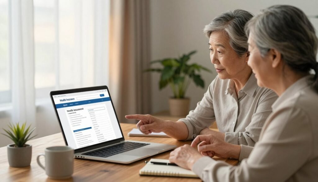 A serene home office workspace depicting a senior couple comparing health insurance plans online. In the foreground, a well-lit wooden desk features a laptop showing a health insurance website with various plans displayed. The couple, dressed in professional business attire, is engaged in a discussion, pointing at the screen with expressions of concentration and approval. In the middle ground, a potted plant adds a touch of greenery, while a coffee cup and notepad enhance the cozy atmosphere. The background showcases warm, soft lighting from a window, filtering through sheer curtains, creating an inviting and calm mood. The overall ambiance is focused and supportive, highlighting the importance of making informed health decisions for seniors.