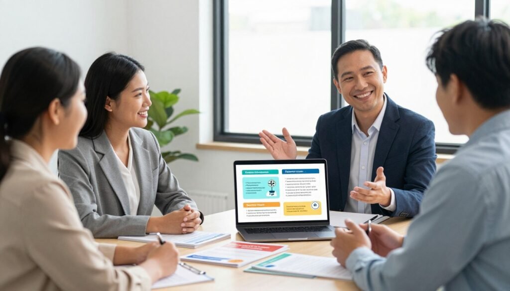 A vibrant office scene set in a modern workspace that symbolizes affordable health insurance options. In the foreground, a friendly financial advisor in professional attire discusses plans with a diverse group of low-income individuals, showcasing a warm atmosphere of empowerment and support. The advisor gestures towards colorful infographics displayed on a laptop screen, illustrating various health insurance options. In the middle ground, a small table is scattered with brochures highlighting key benefits and coverage options. The background features a bright window allowing natural light to flood the room, creating an inviting and hopeful ambiance. The overall mood should be optimistic and accessible, emphasizing community support and informed choices in health insurance.