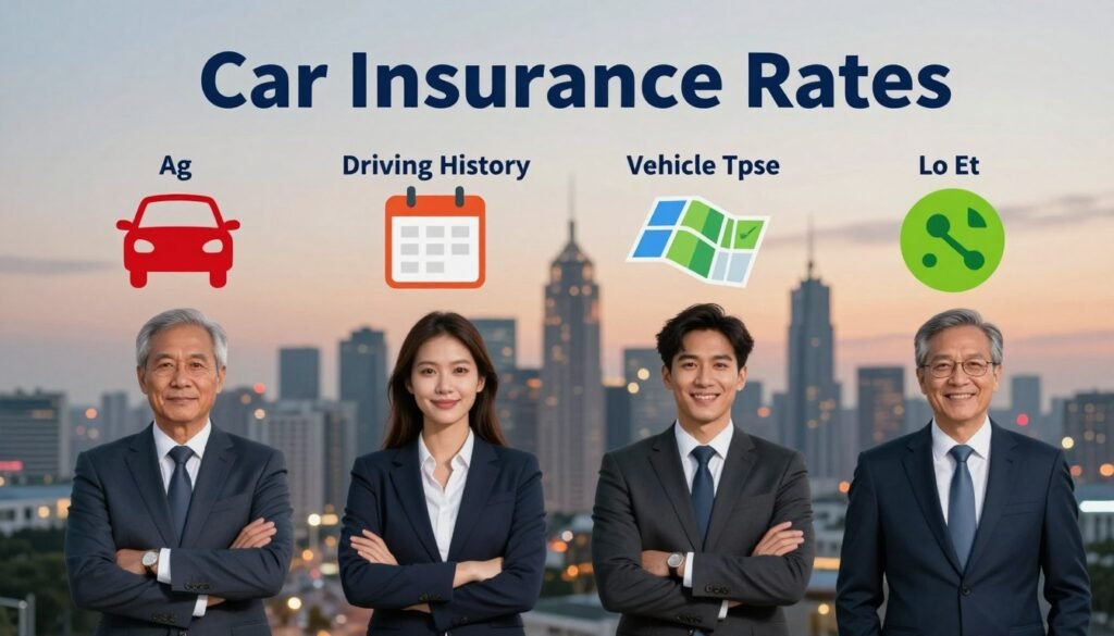A visually compelling infographic showcasing key factors affecting car insurance rates. In the foreground, a diverse group of four professionals in business attire, each representing a different factor such as age, driving history, vehicle type, and location. In the middle ground, colorful icons or symbols illustrating each factor, like a car, a calendar, and a map. The background features a subtle cityscape at dusk, with soft lighting to create a professional yet approachable atmosphere. Use a slight vignette effect to draw focus on the foreground elements. The image should convey a sense of clarity and insight into the complexities of car insurance rates, designed to engage readers.