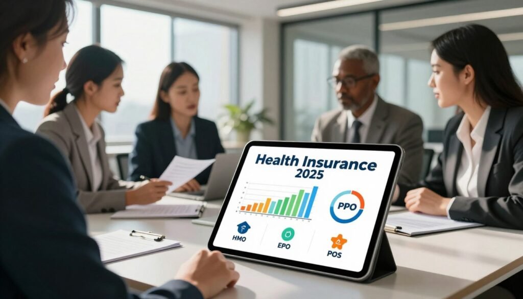 A visually engaging and informative comparison of health insurance plans in 2025. In the foreground, a digital tablet displaying colorful graphs, charts, and icons representing various types of health insurance plans, such as HMO, PPO, EPO, and POS. The middle ground features a diverse group of three professionals in business attire, actively discussing the plans, surrounded by notes and documents. The background showcases a sleek, modern office environment with large windows allowing natural sunlight to filter in, casting soft shadows. The mood is focused and collaborative, highlighting the importance of understanding health insurance options. Use a wide-angle lens to capture the dynamic interaction and clear details in the charts. The overall lighting is bright and inviting, contributing to a sense of professionalism and clarity.