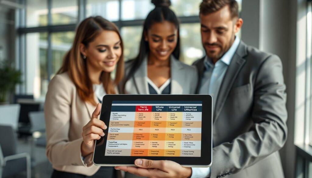 A visually engaging comparison chart illustrating life insurance coverage types. In the foreground, display a modern electronic tablet featuring a colorful and concise comparison table, contrasting term life, whole life, and universal life policies. The middle ground should depict a diverse group of three professionals in business attire—two women and one man—analyzing the information together with focused expressions. The background features a sleek, contemporary office interior with large windows allowing natural light to filter in, casting soft shadows. The atmosphere is collaborative and informative, highlighting the importance of understanding different insurance options. Use soft-focus with a slight depth of field to emphasize the professionals and the tablet as the main subjects of interest.