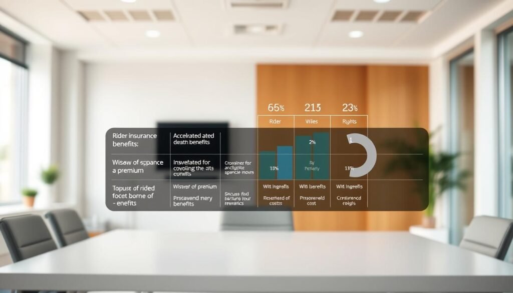 A visually engaging comparison chart showcasing various life insurance riders, designed as an informative, professional graphic. In the foreground, highlight specific riders like accelerated death benefits and waiver of premium, depicted with sleek icons or symbols. The middle layer features a dynamic bar graph or pie chart, illustrating key benefits and costs associated with each rider in a clear and easy-to-read format. The background should be a calming office environment with soft, natural lighting, suggesting trust and professionalism. The overall atmosphere should convey clarity and reliability, suitable for a financial article. Use a wide-angle perspective to create depth and invite curiosity, ensuring the image feels modern and approachable.