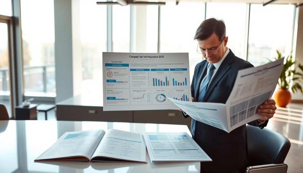 A visually engaging image illustrating a comparison of term life insurance policies in 2025. In the foreground, a professional in business attire reviews charts and graphs that showcase various policy options, looking focused and analytical. The middle ground features a sleek table with open brochures displaying key policy details and prices, brightly lit for clarity. In the background, a modern office setting with large windows allows natural light to flood in, creating an optimistic and transparent atmosphere. The mood is serious yet encouraging, reflecting the importance of informed decision-making in life insurance. Use soft lighting for warmth and clarity, and an angle that captures both the professional and the informative elements seamlessly.