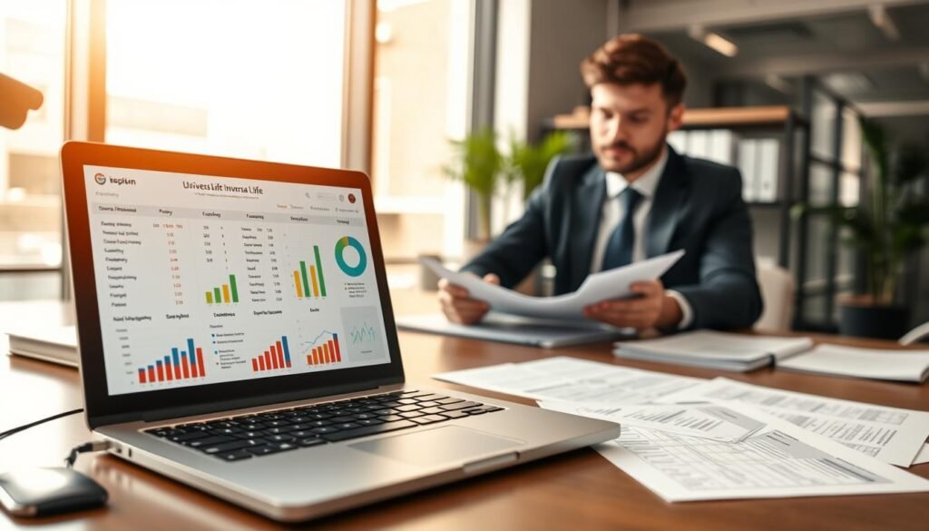 A well-organized office desk scene showcasing a comparison of universal life insurance policies. The foreground features a sleek laptop displaying colorful charts and graphs representing different policy features and benefits. Surrounding the laptop, neatly arranged documents with bullet-point summaries and comparison tables add to the informative atmosphere. In the middle ground, a professional individual dressed in smart business attire examines the documents, appearing focused and engaged. The background captures a modern office with large windows letting in soft natural light, creating a calm and productive mood. The composition uses a slight tilt-shift effect to emphasize the desk while keeping the background slightly blurred. Warm lighting enhances the welcoming atmosphere, perfect for illustrating financial decisions.